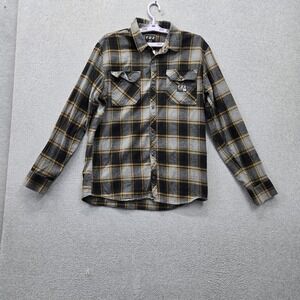 Fox Men Button Up Shirt L Yellow Plaid Flannel Grunge Long Sleeve Pockets Collar